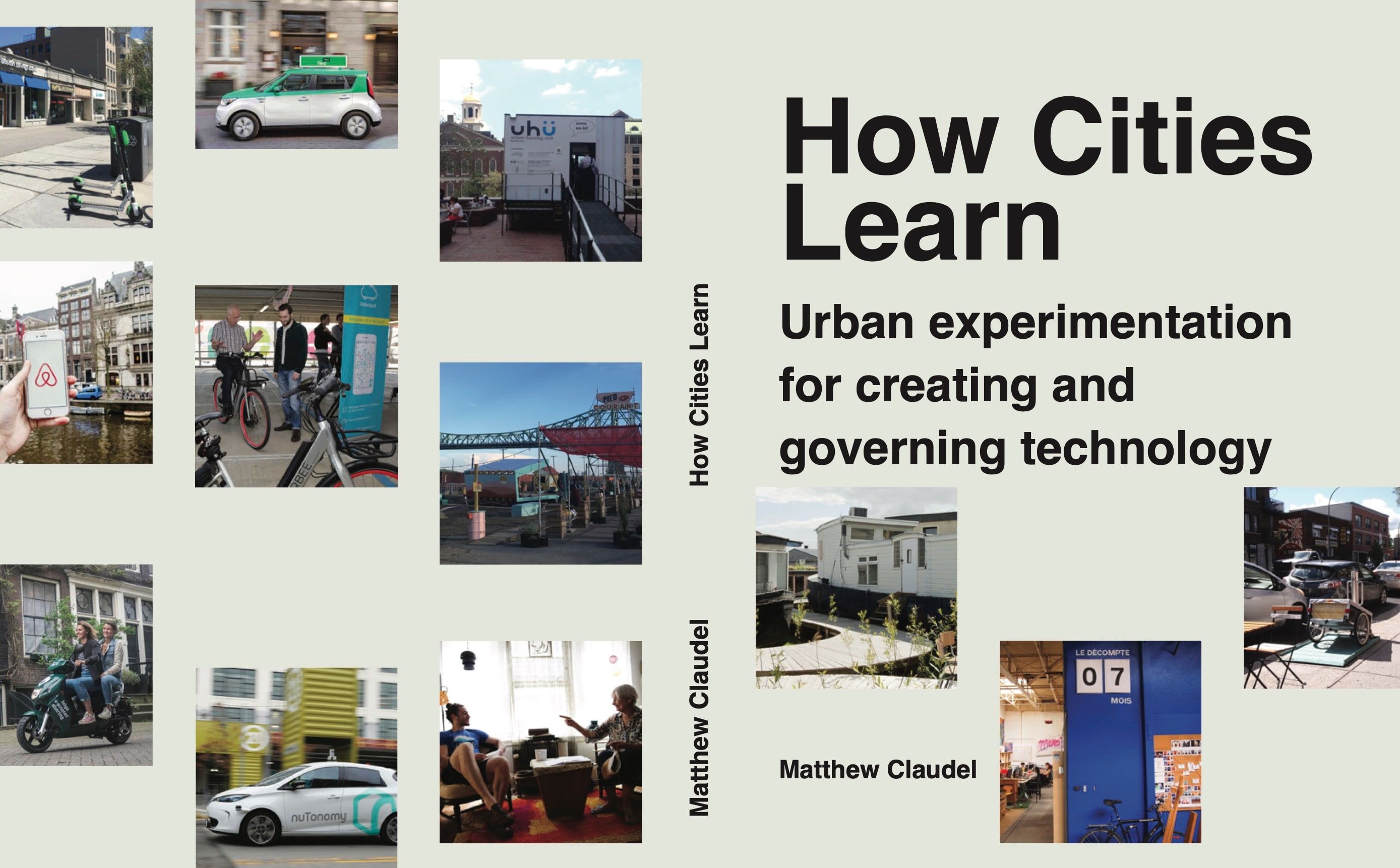 The dissertation’s cover: its title beside a grid of photographs of urban experiments, among them scooters, a self-driving car, a shared bicycle and a temporary building.