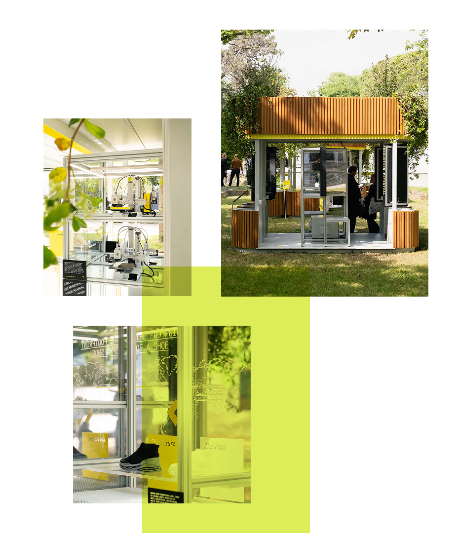 Three photographs of the installation in the Giardini: a timber-roofed pavilion of aluminum shelving on a lawn, desktop 3D printers on its shelves, and a display of conventional and futuristic shoes.