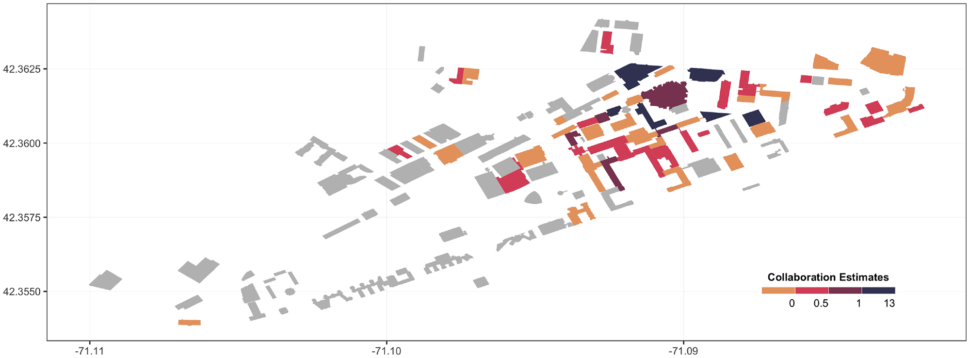 A map of MIT’s campus with each building shaded by its estimated effect on collaboration, from navy for the highest to orange for the lowest, and buildings without researchers in grey.