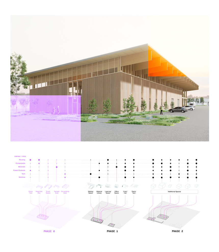 A rendering of a simple linear building made of mass timber.
